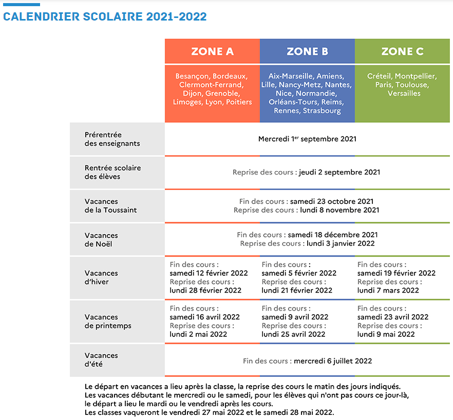 Calendrier scolaire officiel 2021-2022