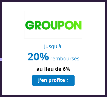 20% de cashback Groupon, meilleur site de deal, avec eBuyClub