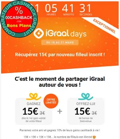 Bonus exceptionnel de 15€ sur iGraal pour les iGraal Days 2024-03
