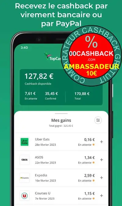 TopCashBack-Parrainage-Filleul-Bonus Ambassadeur 10€