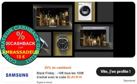 Samsung / iGraal - 25% CashBack - Code promo 10% de réduction - 15€ Bonus