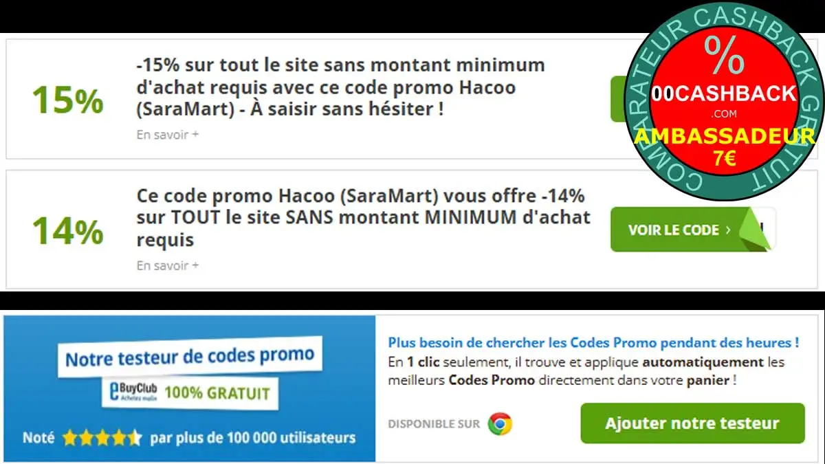 Code promo Hacoo / SaraMart : 15% / eBuyClub + 7€ de Bonus Ambassadeur Gratuit