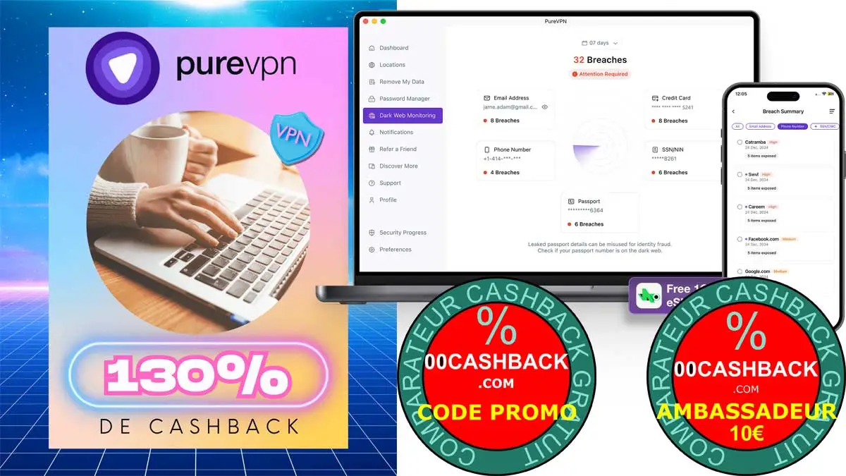 PureVPN CashBack / TopCashBack - Code promo 130% + 10€ Bonus
